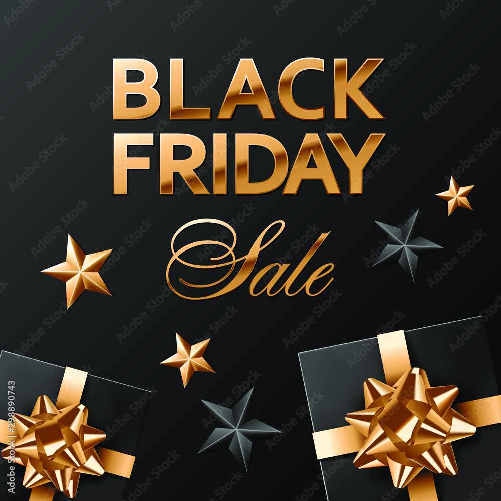 Square social media post or banner vector template. Black friday golden lettering on black background with black covered gifts with golden bows and black and gold stars. Square social media post or banner vector template. Black friday golden lettering on black background with black covered gifts with golden bows and black and gold stars.