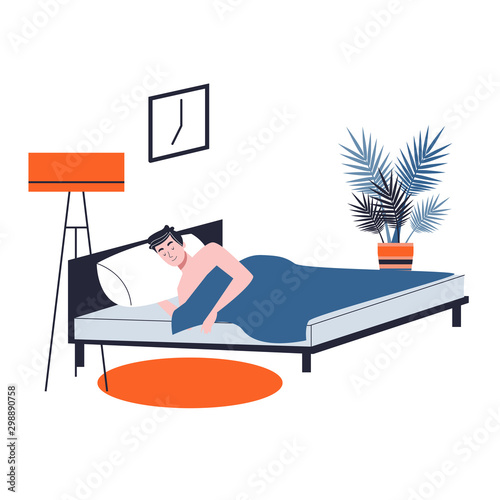 Man sleep. Person rest in the bed on the pillow late