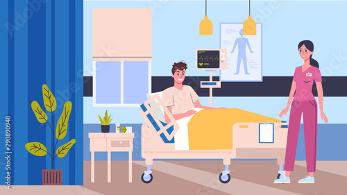 Vector illustration hospital room. Doctor and nurse checkinf patients.