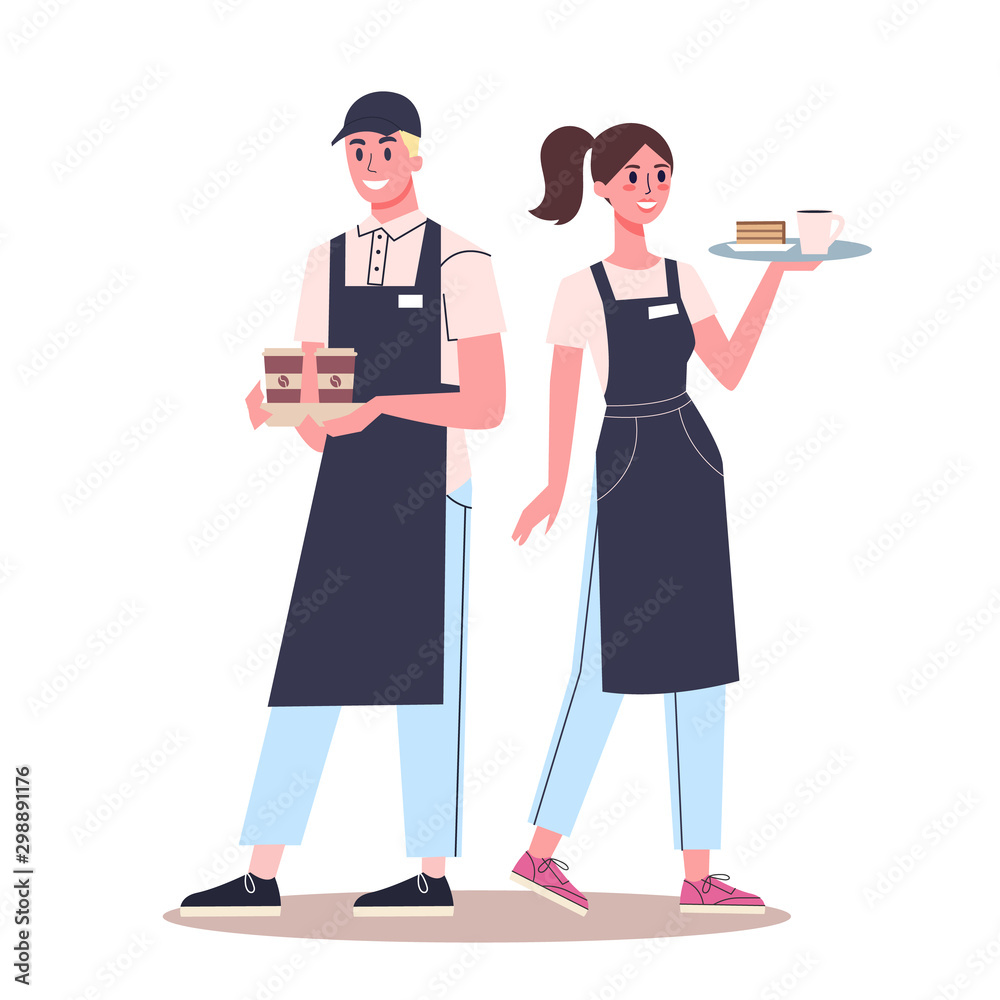 Waiter and waitress standing. Restaurant staff in the uniform Waiter and waitress standing. Restaurant staff in the uniform