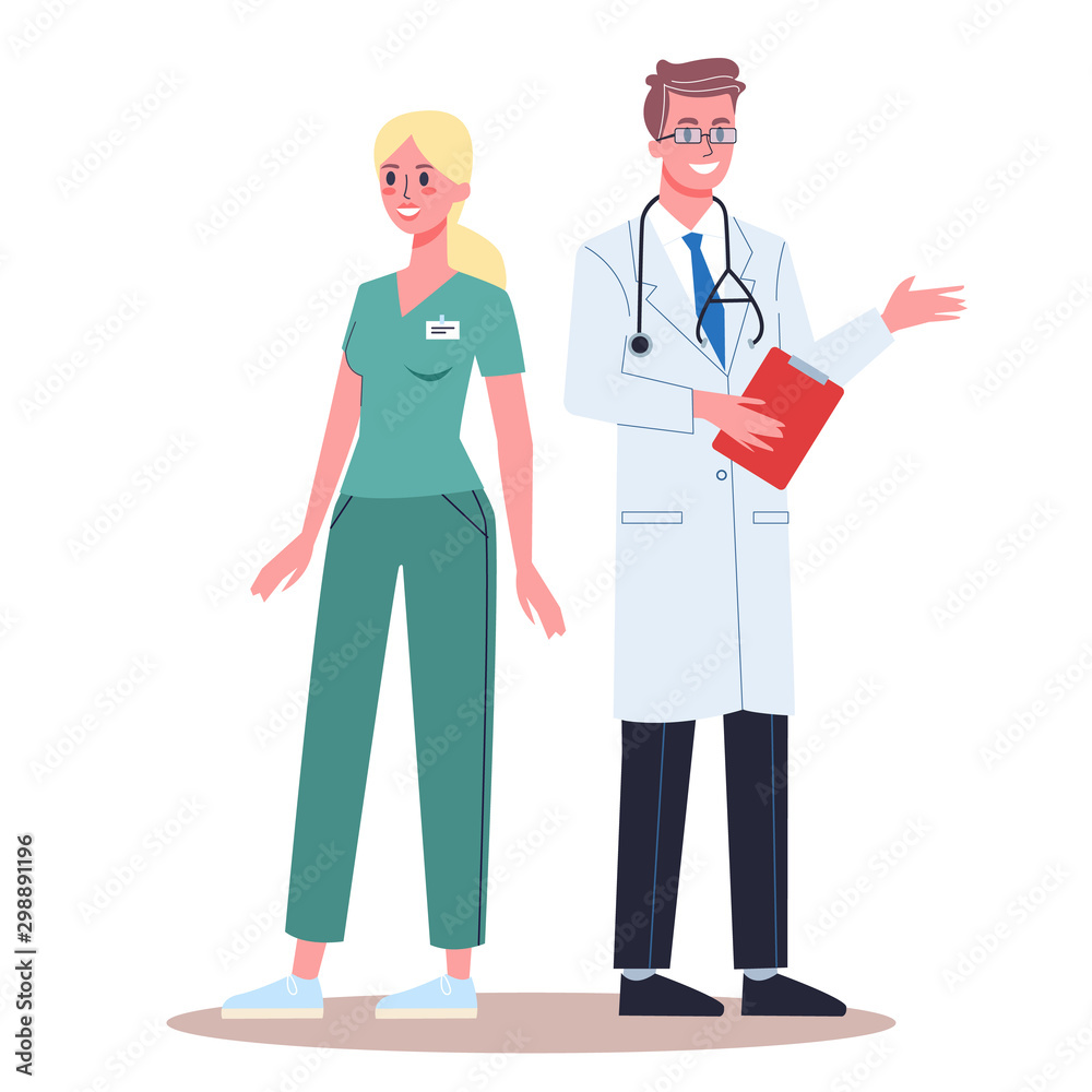 Medical workers in uniform with equipment, doctor and nurse Medical workers in uniform with equipment, doctor and nurse