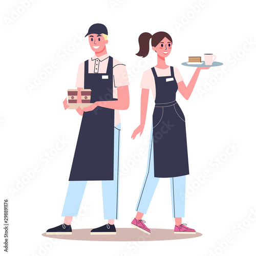 Waiter and waitress standing. Restaurant staff in the uniform photo