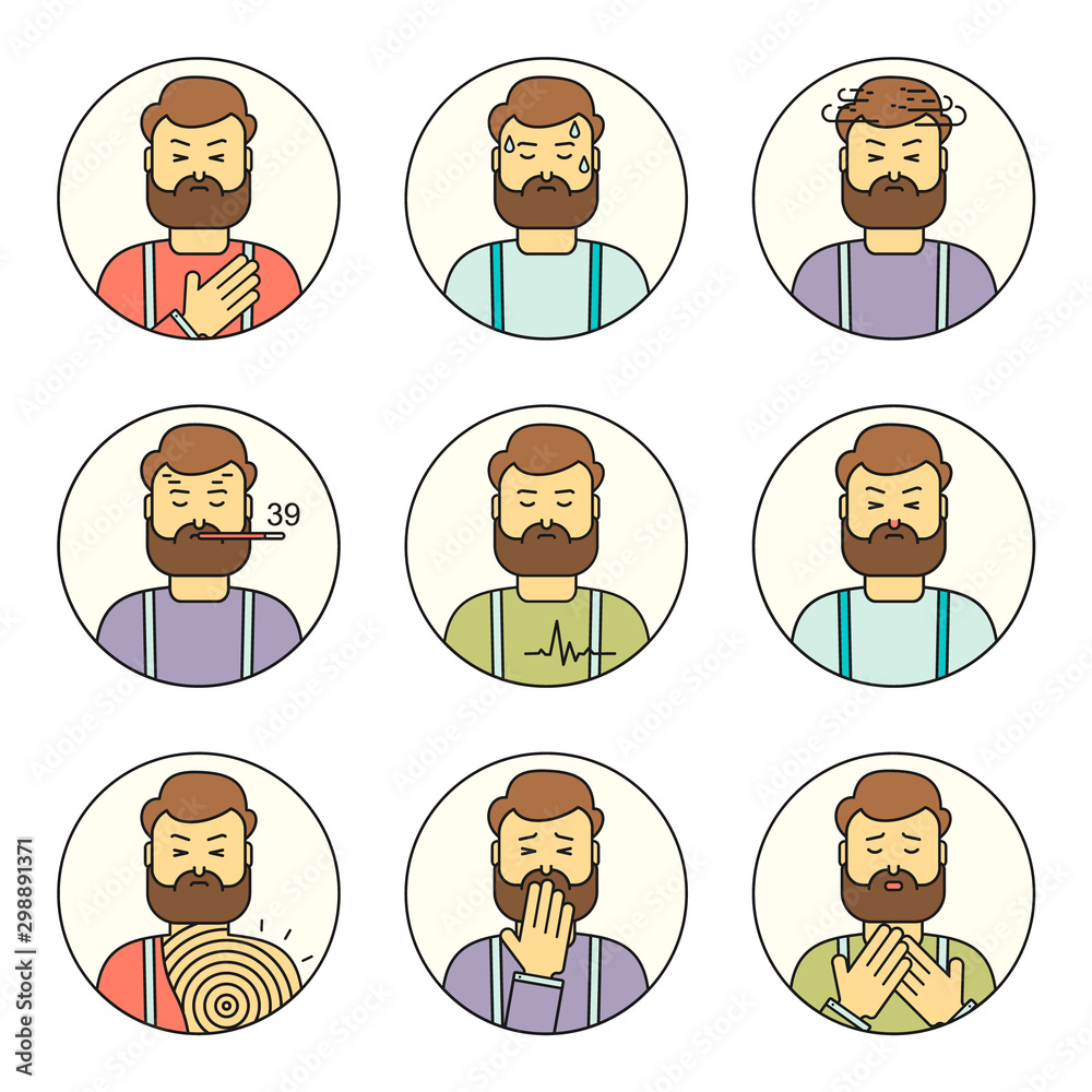 Human illness and diseases symptoms icons set. Ill man avatars. Thin line medicine and health symbols. Medical linear illustrations isolated on white. Human illness and diseases symptoms icons set. Ill man avatars. Thin line medicine and health symbols. Medical linear illustrations isolated on white.