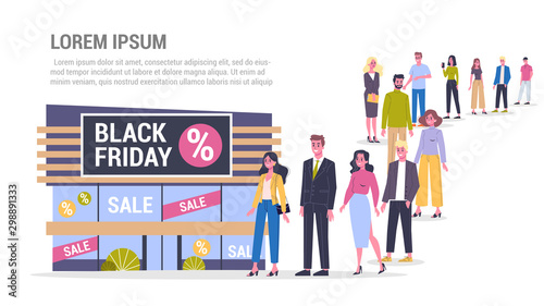 Vector illustration of big queue of people standing towards a shop