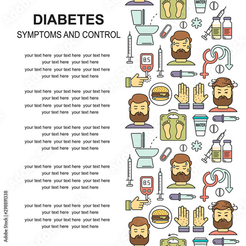 Diabetes symptoms and control vector line style background. Frequent urination, blurry vision, sexual problems, high blood sugar, hungry, thirsty linear illustration. Diabetic colored pattern.