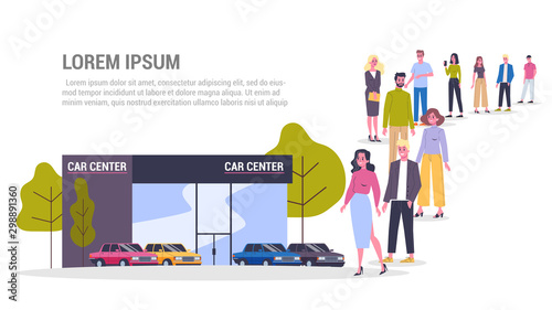 Vector illustration of big queue of people standing towards a car center