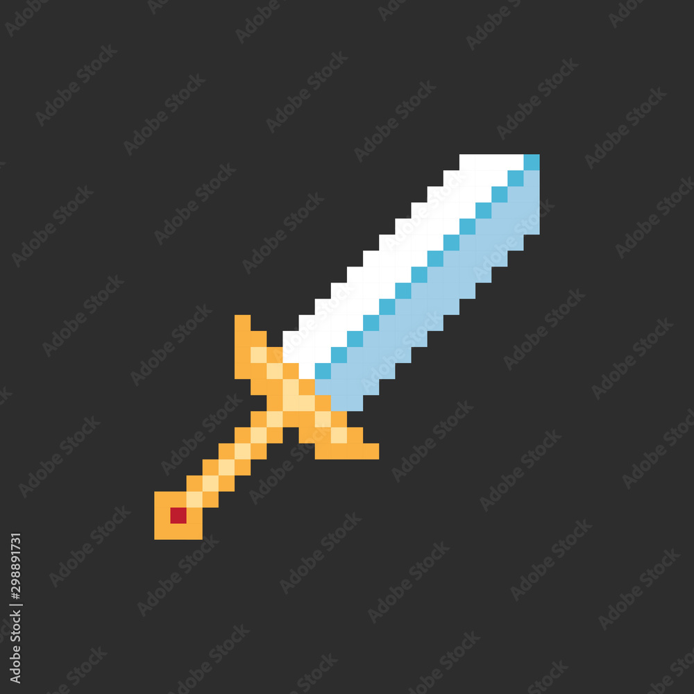 Pixel video game sword icon. Weapon for knight. Vector illustration in retro game style isolated on black background.	