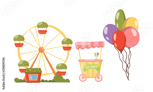 Ferris wheel and balloons. Vector illustration on a white background.