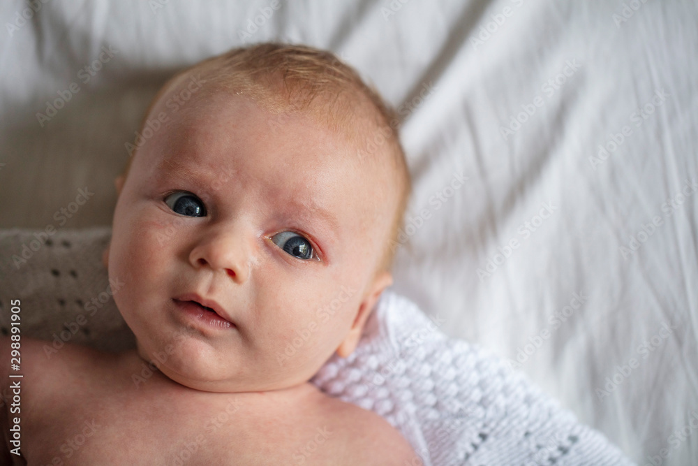 A portrait of a cute young baby boy laying on their back A portrait of a cute young baby boy laying on their back