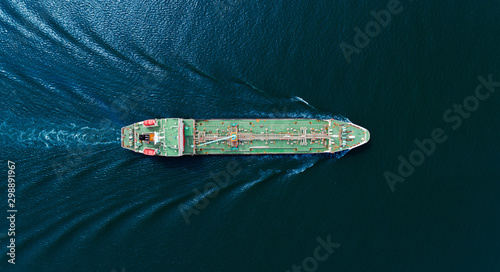 Aerial top view Oil ship tanker for transportation oil from refinery on the sea.