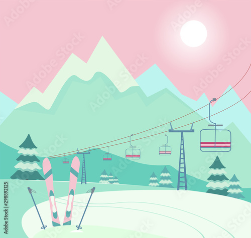 Winter snowy landscape with Ski equipment skis and ski poles, lift, trail, Alps, fir trees, sunny weather, mountains panoramic background. Ski resort season is open. Winter web banner design.