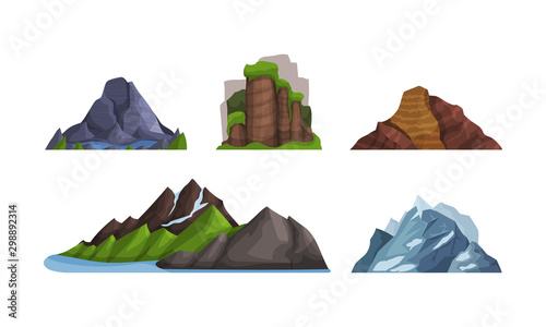 Mountains and hills of various shapes and colors. Vector illustration.