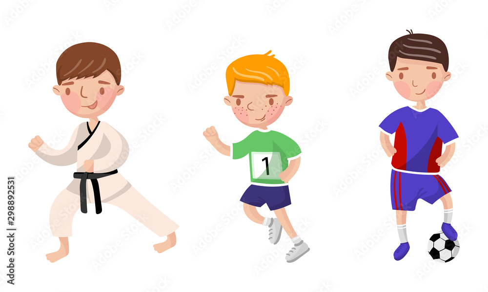 Boys in different sports uniforms. Vector illustration on a white background.