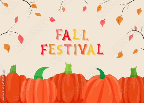 Vector illustration of autumn scene with orange pumpkins and text Fall Festival. Design for holiday greeting card, banner, template for invitation on fall festival or fair, autumn poster. 