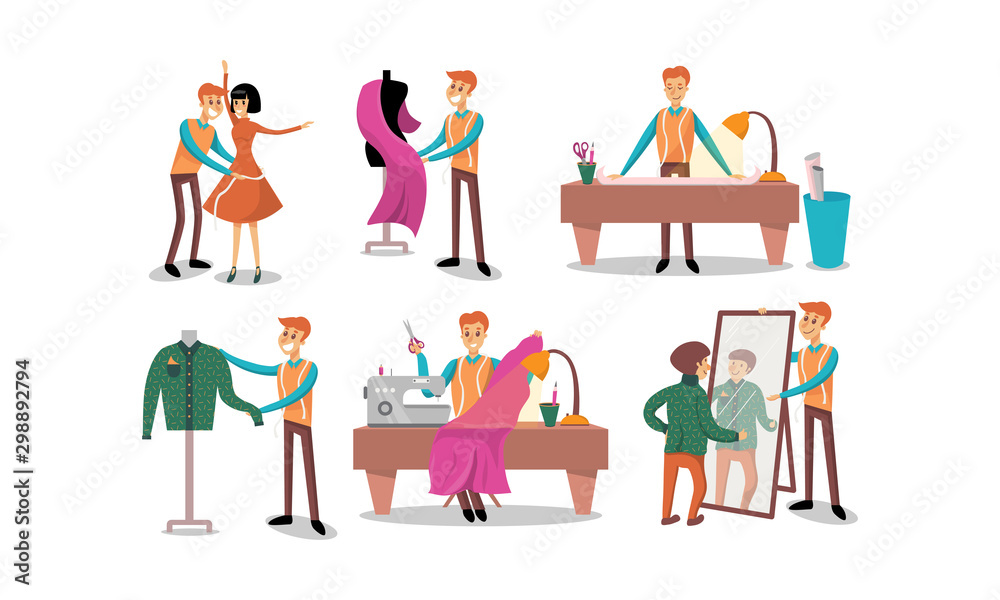 Naklejka premium Man tailor works. Vector illustration on a white background.