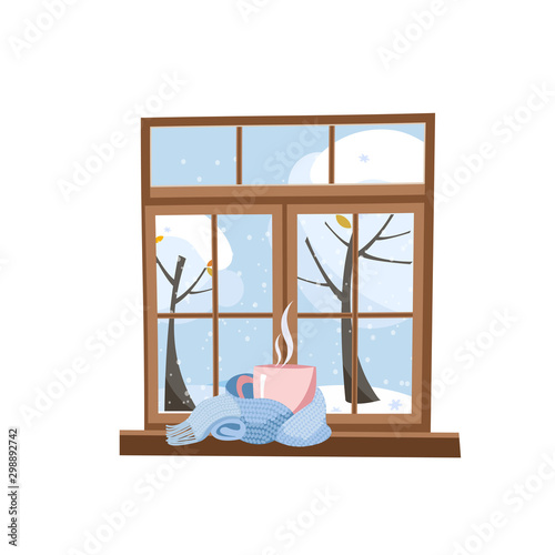 Pink cup of tea on the wood window still. Warm knitted light blue scarf. Snowy winter day. Cold weather outside. Snow-covered landscape in the window. Flat cartoon style illustration