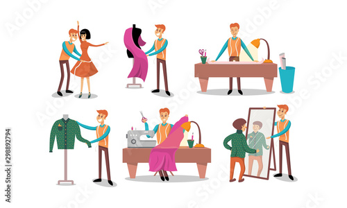 Man tailor works. Vector illustration on a white background. © Happypictures
