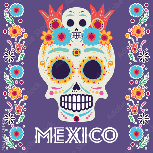 dia de los muertos card with head skull and flowers