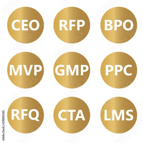 most popular business acronyms (BPO, CEO, RFP, RFQ, LMS, CTA, MVP, PPC, GMP)- vector illustration