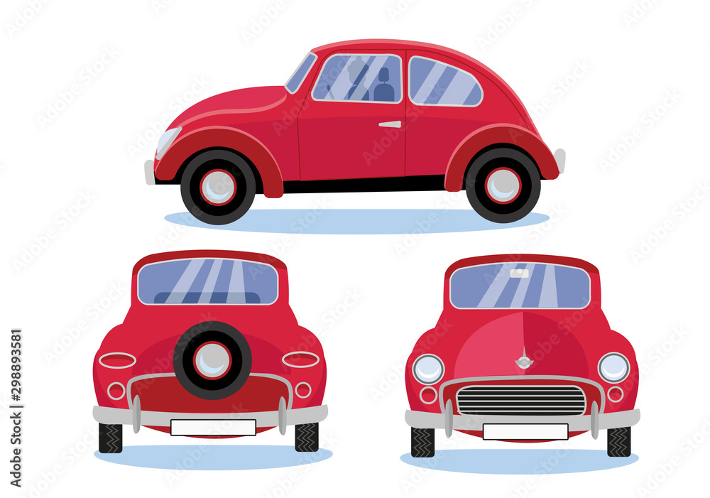 Red retro car automobile set in three different views: Side - Front - Back view. Cute vehicle with round headlights and round roof on white background. Flat cartoon style illustration.