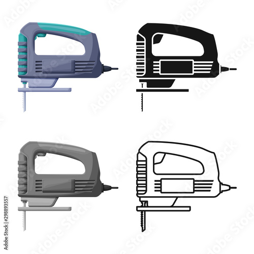 Vector illustration of jigsaw and equipment sign. Graphic of jigsaw and fretsaw stock symbol for web.
