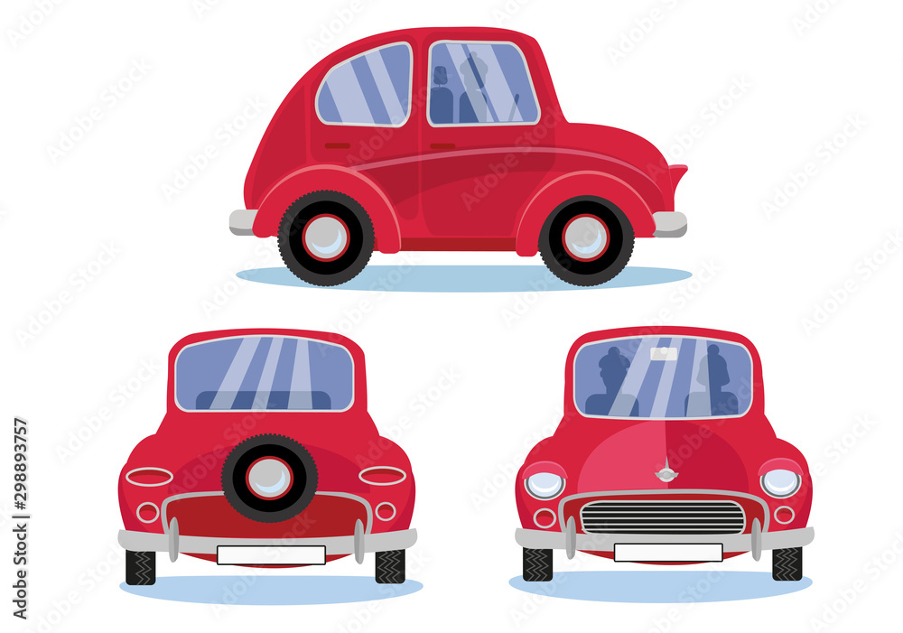Red retro car. Cartoon automobile set in three different views: Side - Front - Back view. Cute vehicle with round headlights with driver, passenger silhouettes on white background. Flat cartoon