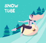 cartoon flat girl in hat sledging along the slope with fir trees at inflatable tube, snowtubing outdoors in winter with long hairs. Young woman sledding on snow rubber tube. Winter activity