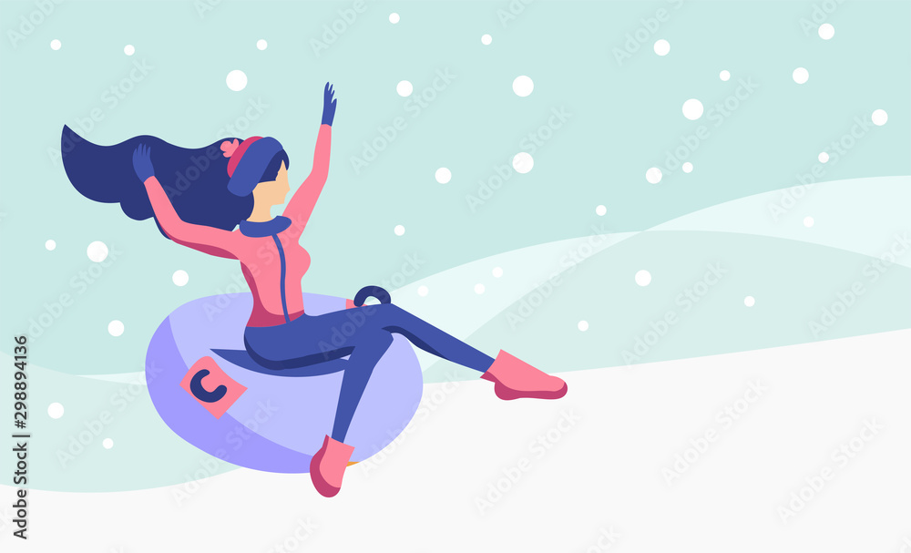 Flat illustration of a slim girl slides off a snow slide on a tubing holding her arms up. Young woman in hat sledging at inflatable tube, snowtubing outdoors. Christmas holiday activity.