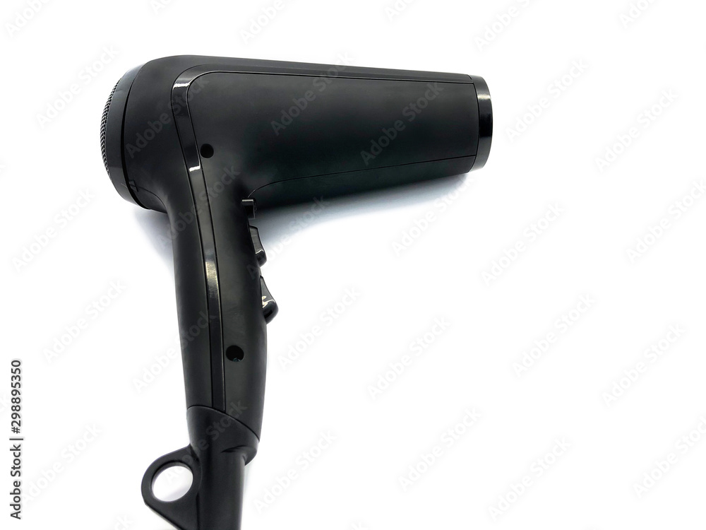 Black hair dryer isolated on white background. Modern trendy hair dryer with buttons