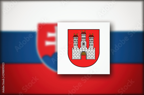 Coat of arms of Bratislava, flag of Slovakia blurred in the background.