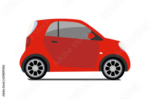 Car sharing logo, vector city micro red car. Eco vehicle cartoon icon isolated on white background. Cartoon vector illustration with urban ecological transport. Cute vector smart car illustration.