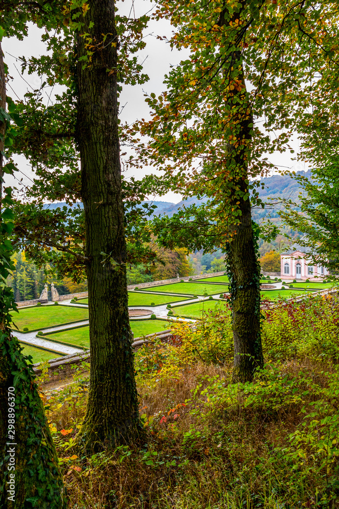 Obraz premium Elevated distant view of the Baroque parterre garden of Weilerbach Castle, Bollendorf, Rhineland-Palatinate, Germany