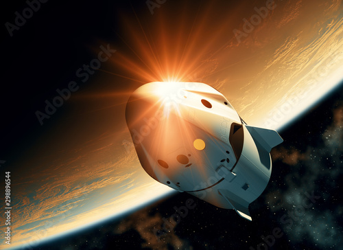 Fototapeta Naklejka Na Ścianę i Meble -  Sun Reflection On The Surface Of A Spacecraft Flying In Outer Space