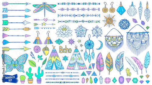 Boho doodles set. Ethnic. Tribal. Bohemian style. Feather. Arrows. Crystal. Macrame. Ornaments. Fashion. Trendy sketches collection.
