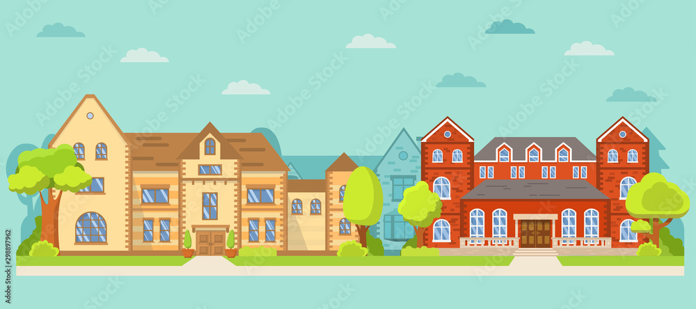 Row of different houses the street. Classical lock suburban american house.Family home.Home facade. Suburb neighborhood.Cityscape template with suburban houses.