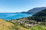 Beautiful panoramic view of Ilhabela island, tropical island on the Brazilian sea coast during a sunny day of vacation and sightseeing.