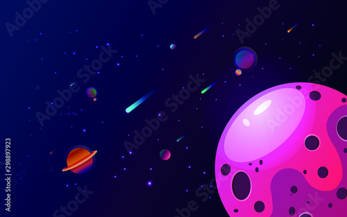 Horizontal space background with comets, stars and planets. Vector illustration.