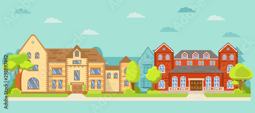 Row of different houses the street. Classical lock suburban american house.Family home.Home facade. Suburb neighborhood.Cityscape template with suburban houses.