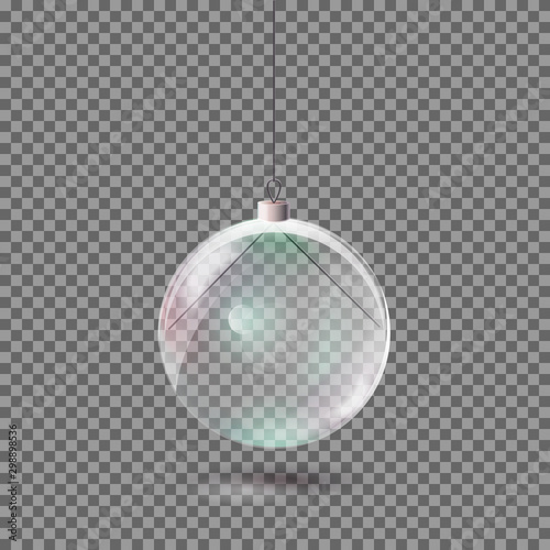 Vector realistic transparent glass Christmas ball on a gray abstract background