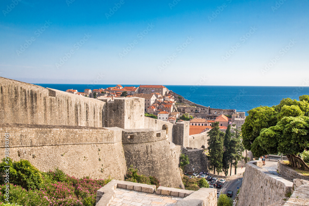 Dubrovnik, Croatia - July, 2019: Beautiful mediterranean scenery in town Dubrovnik, famous european travel and historic destination in Croatia