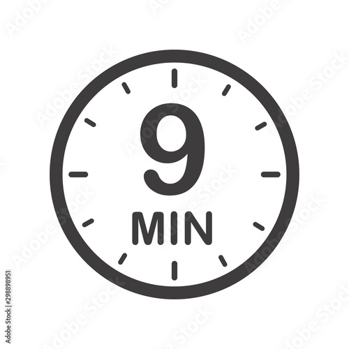 Nine minutes icon. Symbol for product labels. Different uses such as cooking time, cosmetic or chemical application time, waiting time ...