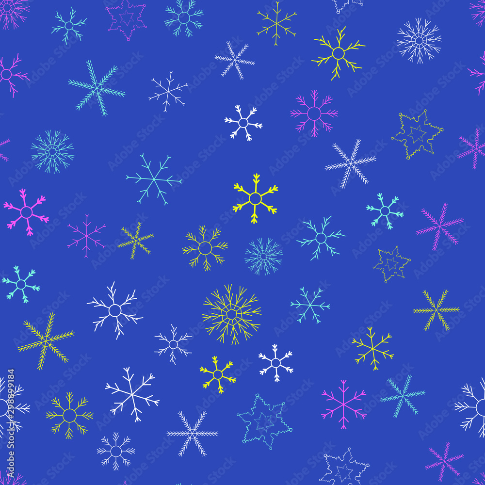 Snowflakes in different shapes and forms. Merry Christmas and New Year seamless vector pattern. Colorful background for Xmas. Snowflakes in different shapes and forms. Merry Christmas and New Year seamless vector pattern. Colorful background for Xmas.