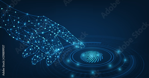 Vector Hi-tech human hand with touchscreen fingerprint on dark blue color technology background design.