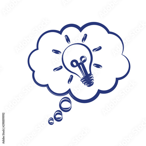 Bubble of thoughts with idea bulb light symbol on white background. Energy and idea sign, solution.  Vector illustration