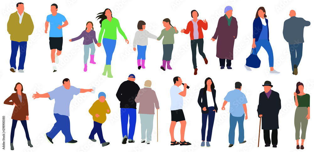 Cartoon men and women walking outdoors in the city. Flat colorful vector illustration