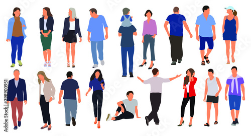 Cartoon men and women walking outdoors in the city. Flat colorful vector illustration