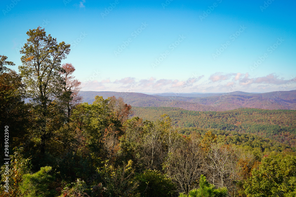 View along scenic route 7 byway in Arkansas during autumn