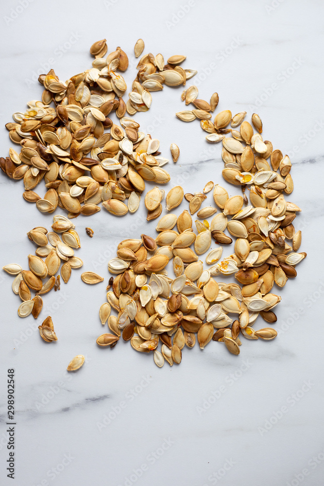 roast Pumpkin seeds background, flat lay roast Pumpkin seeds background, flat lay