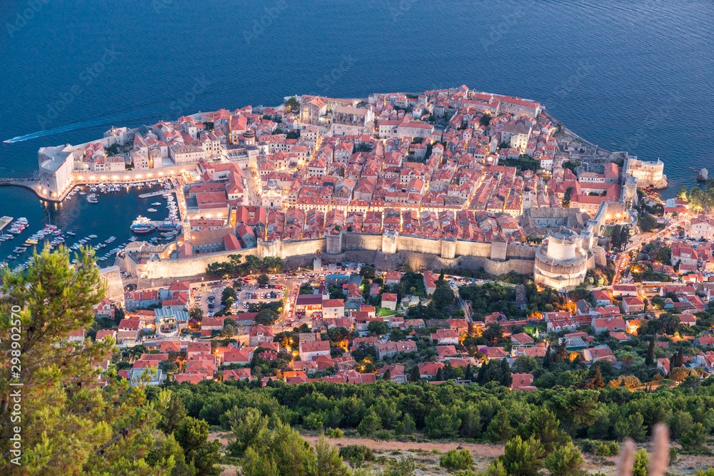 Dubrovnik, Croatia - July, 2019: The old town of Dubrovnik, Croatia on a sunny day from the top of the hill.