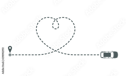 Route of the car as dotted line in the form of a heart. Car moving on its route on white background. Travel concept. Vector illustration